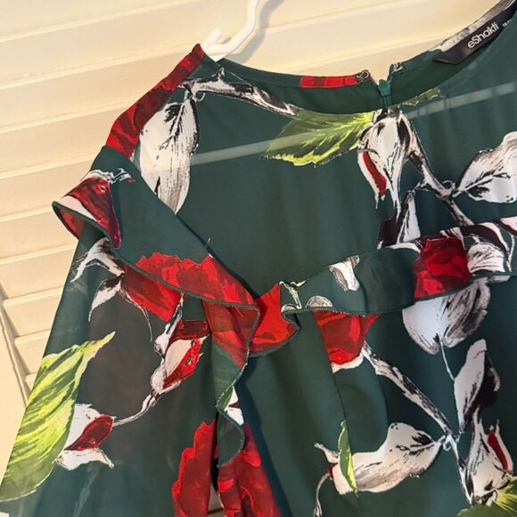 eShakti Green Floral Fit & Flare Dress Ruffle Faux Leather Belt 1X Dark Romantic - Picture 7 of 16